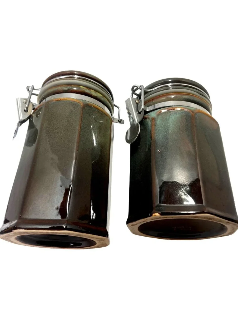 Pier 1 Six Inch Ceramic Hexagonal Canister with Latch Lid in Brown & Green Glaze